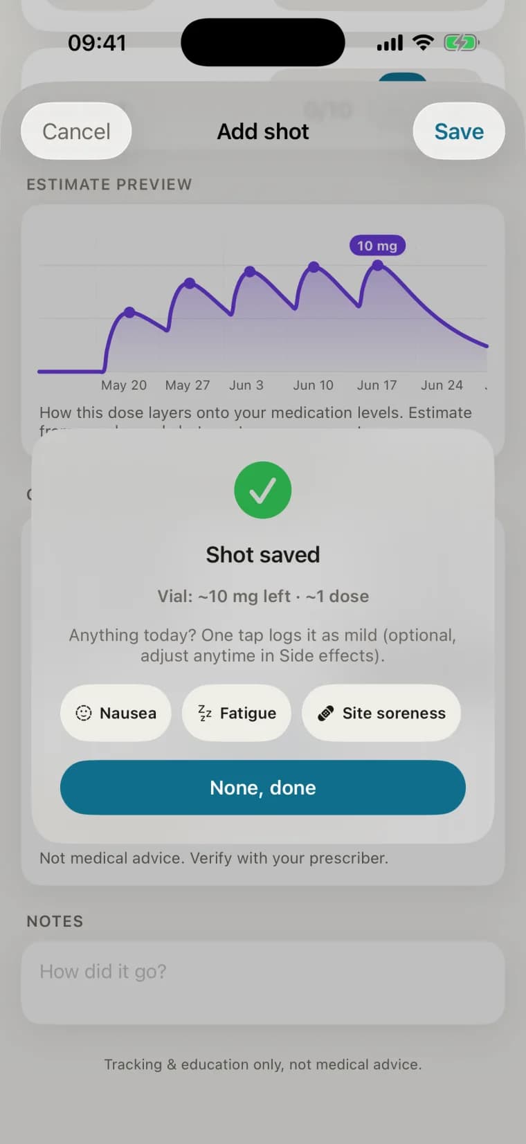 Myo's Shot saved screen — projected medication level and remaining vial estimate