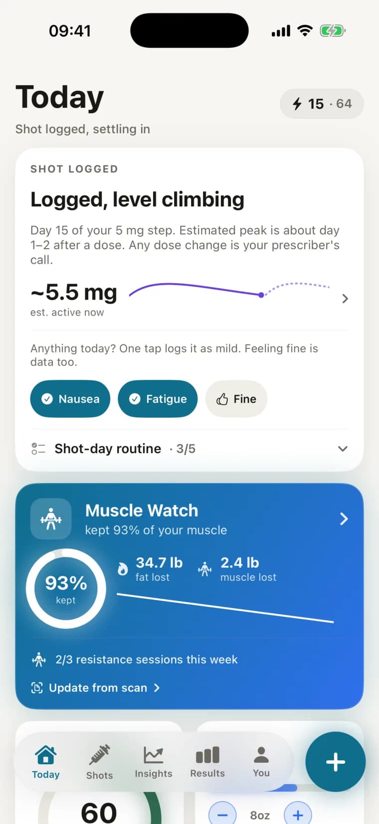 Myo Today dashboard — dose level, routine, and the Muscle Watch card